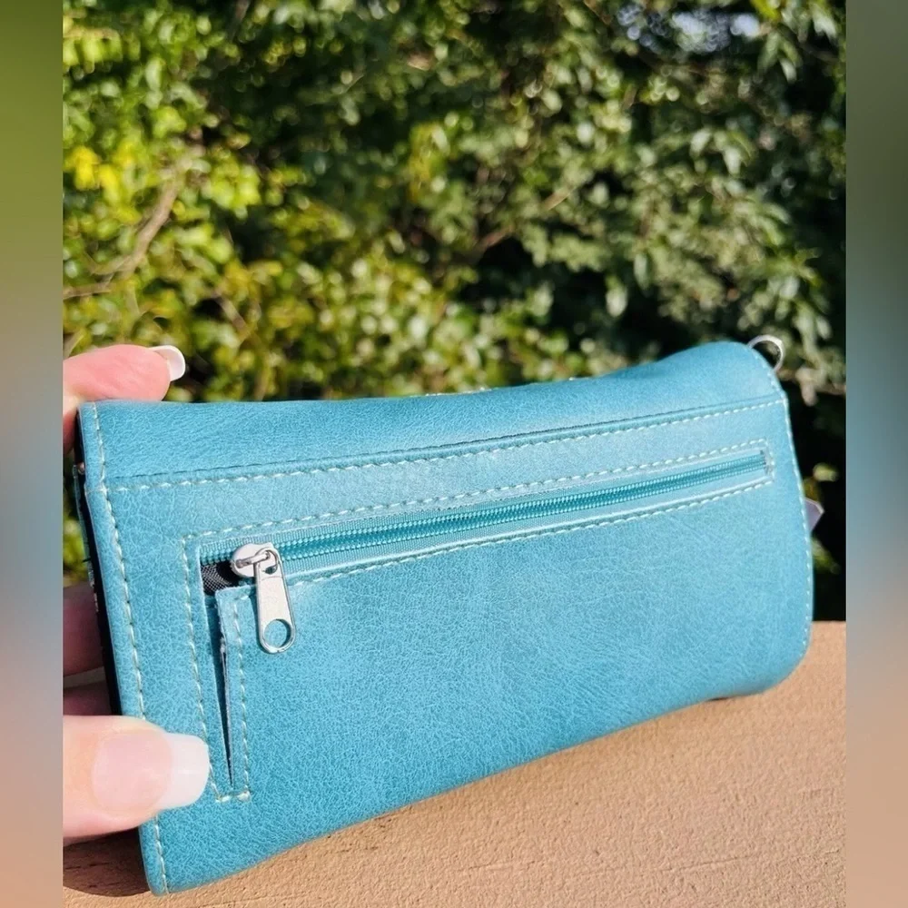 Leather Crystal Skull Convertible Crossbody Wallet Turquoise Studded NWT